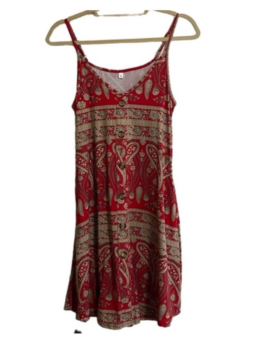 Red Paisley Boho Sundress Small Button Front Lightweight Strappy Summer Dress